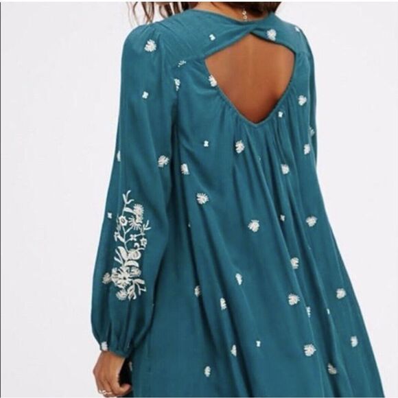Free People Sweet Tennessee Boho Embroidered Dress - Size S- Teal Blue - Picture 2 of 12